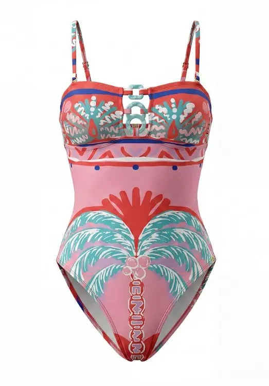 Trim Bandeau Swimsuit Pink Palm