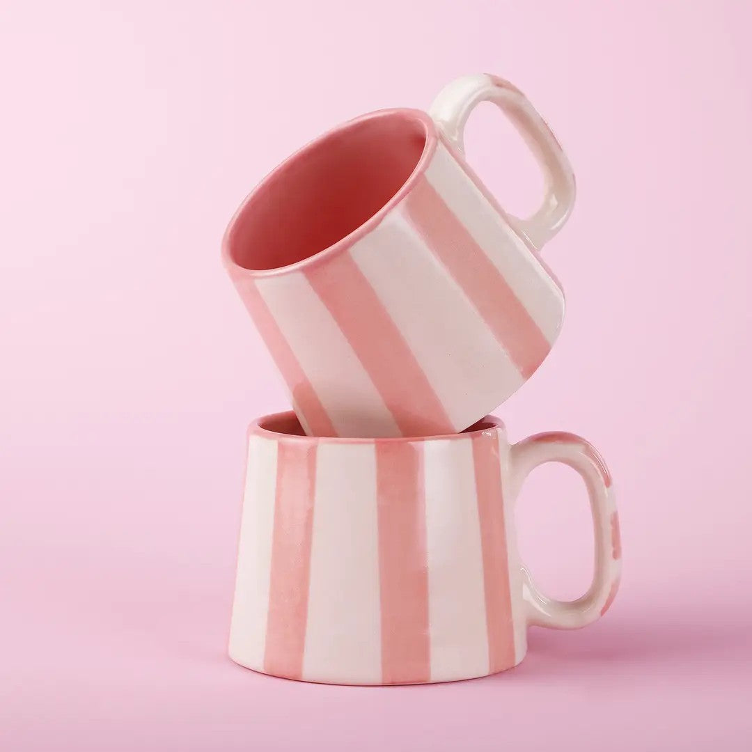 Ceramic Striped  Coffee cup , Pink , Green , Dark Blue , Aqua - 220ml (Set of 2)