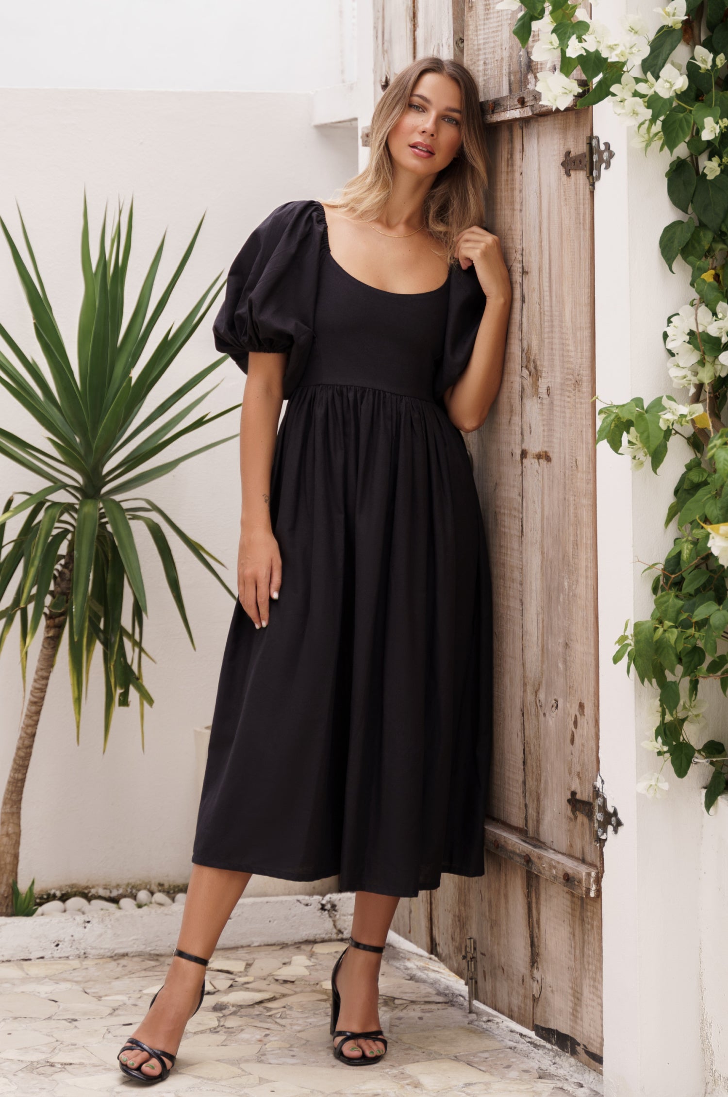 Cherie Puff Sleeve Midi Dress - Black