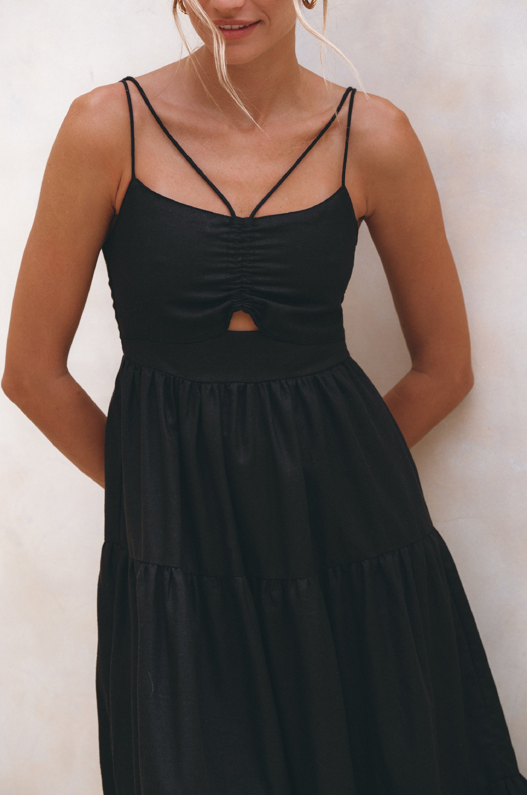 Rafaela Strappy Linen Midi Dress - Black