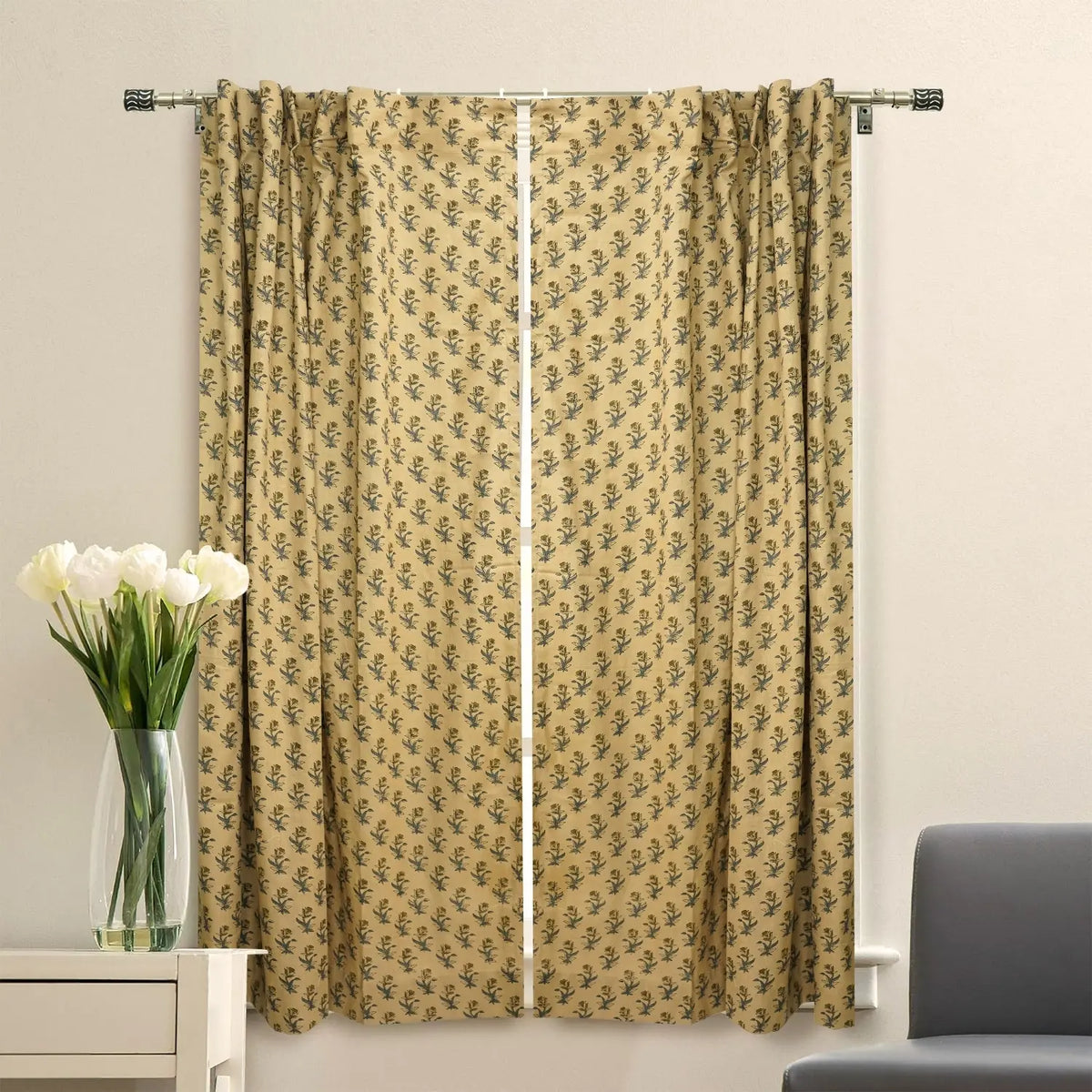 Bohemian Block Viscose Colored Linen Curtain - Coastal Tulip