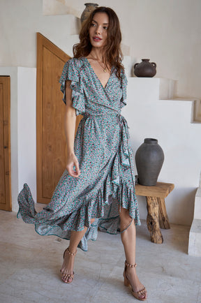 Carmen Wrap Maxi Dress - Green Fields