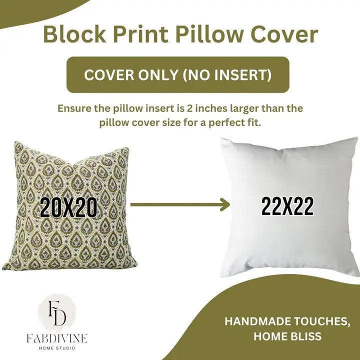 Natural Handmade Block Print Viscose Linen Pillow Cover - Pan Patti