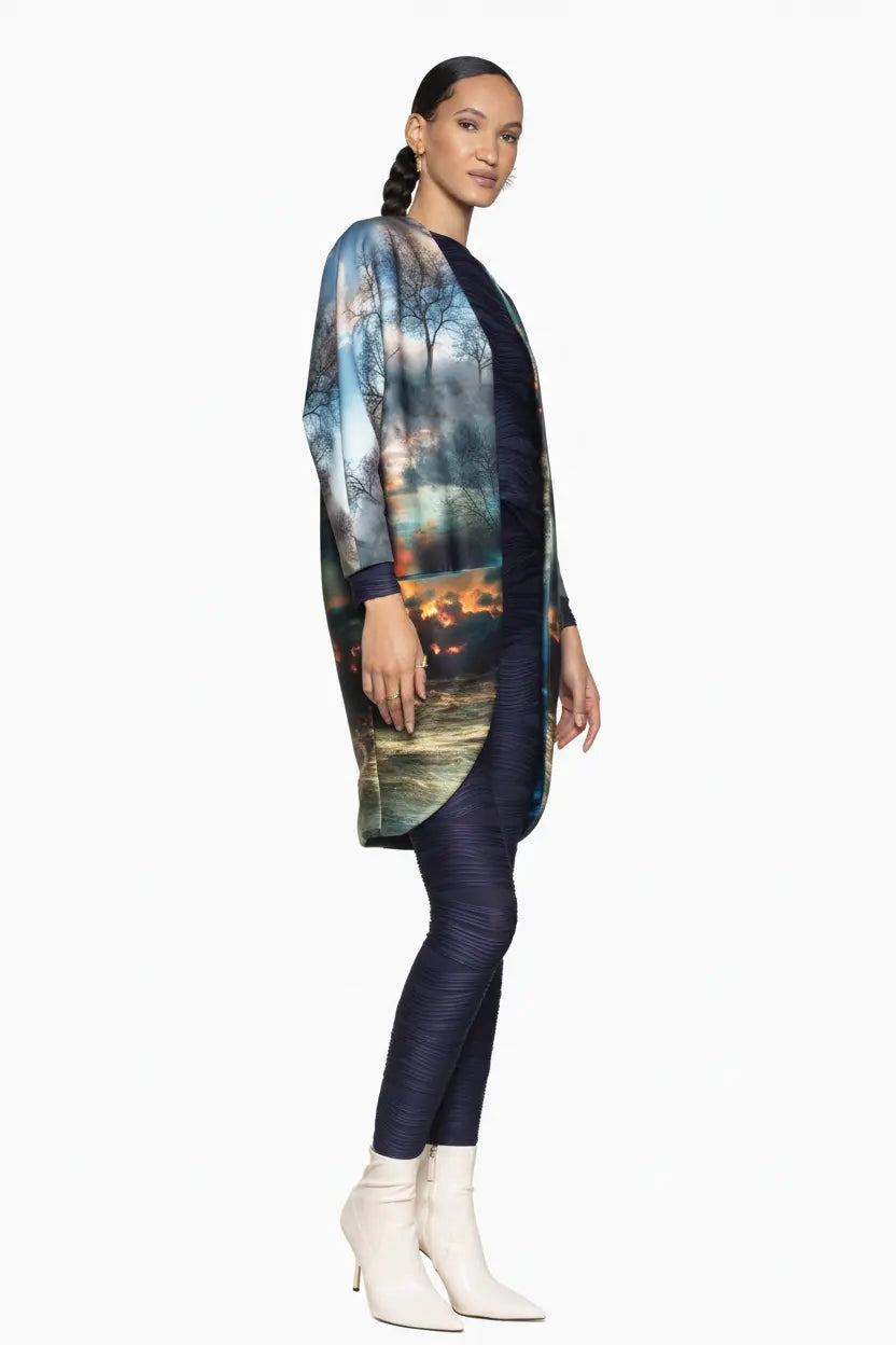 Women’s V-Neck ¾- Sleeve Printed Scuba Big Pocket Kimono