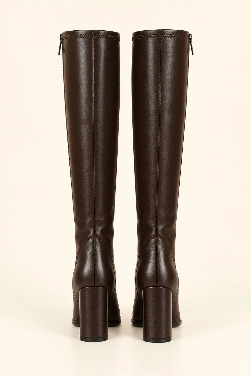 Dark Brown Leather Knee-High Boots with Block Heels