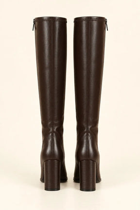 Dark Brown Leather Knee-High Boots with Block Heels