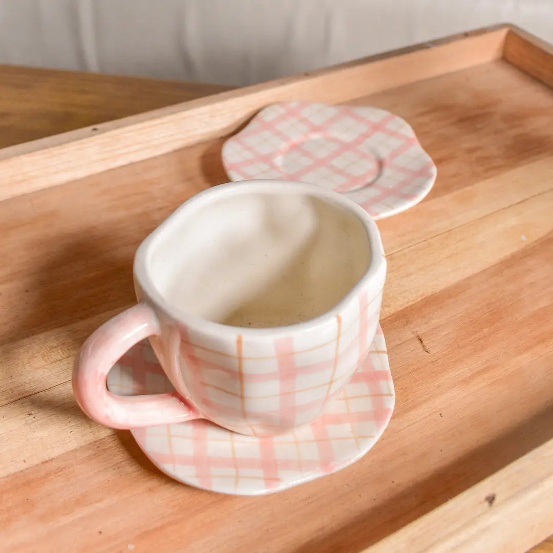 Handmade Cute Ceramic mug & Coaster Set - Plaid, 2.5 Inches