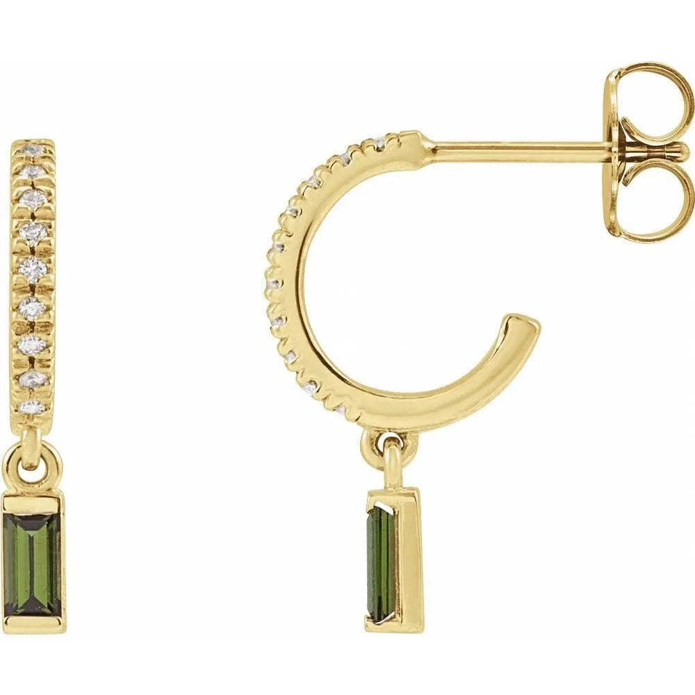 Tourmaline & .08 CT Natural Diamond Hoops in 14K Gold