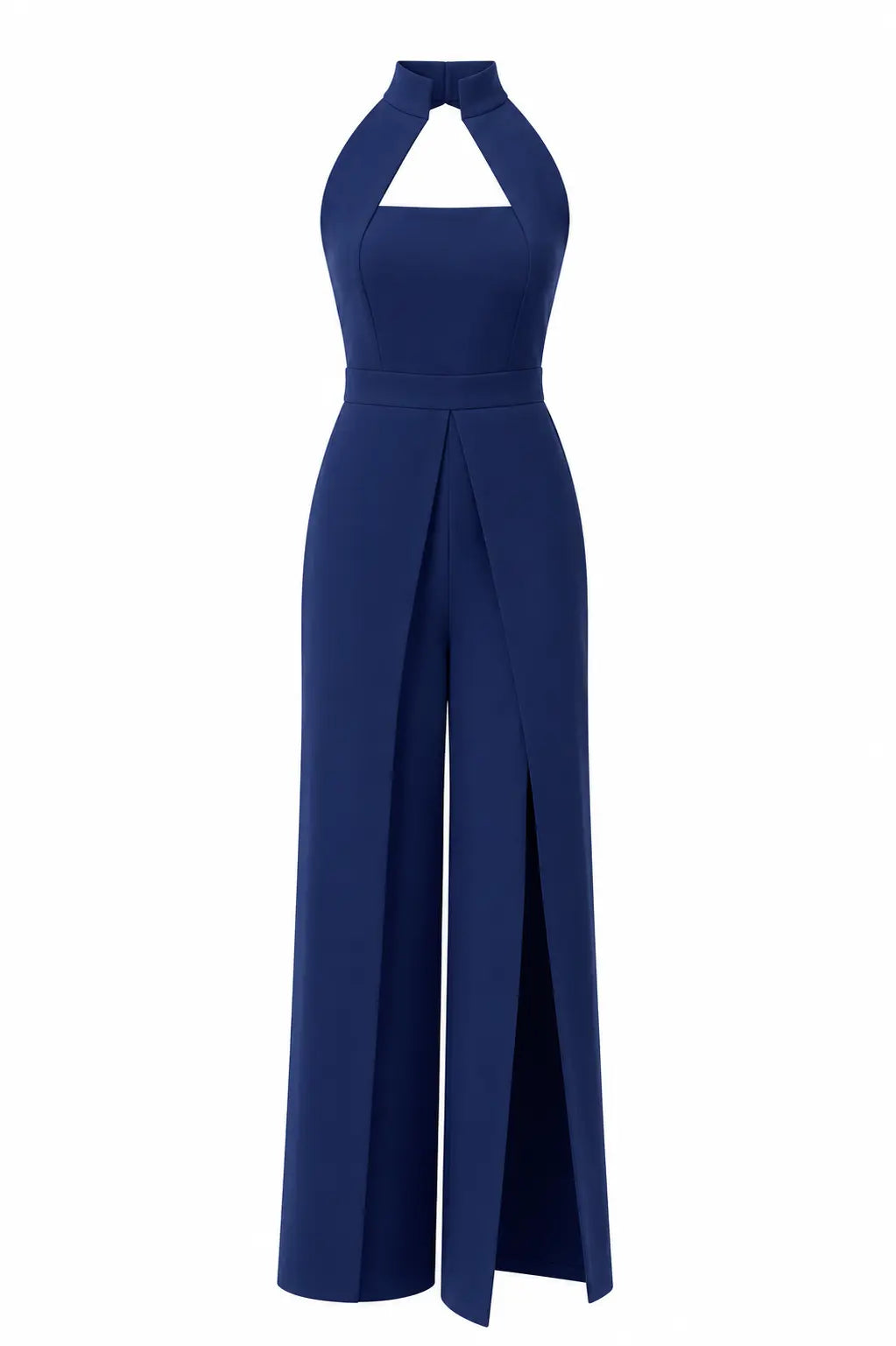 Ink Blue High-collar Slit-leg Jumpsuit