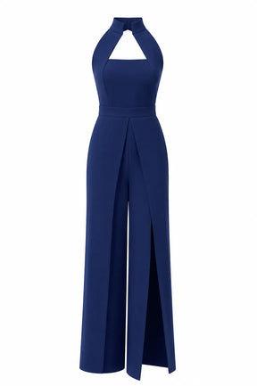 Ink Blue High-collar Slit-leg Jumpsuit