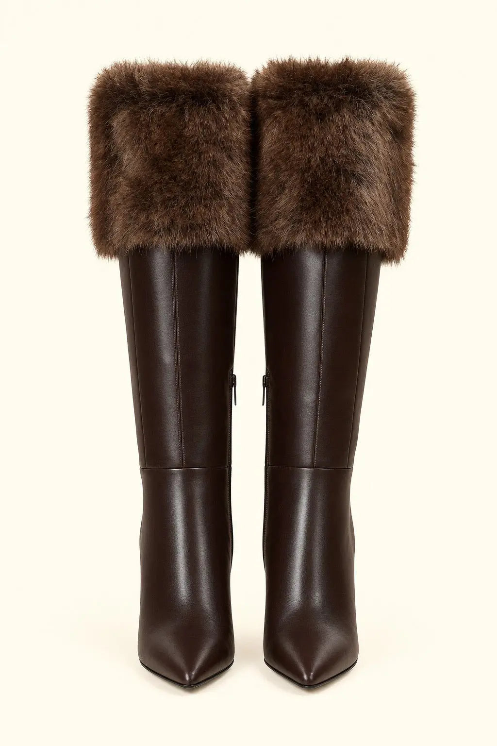Dark Brown Leather Knee-High Boots with Fur Cuffs