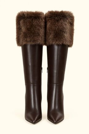 Dark Brown Leather Knee-High Boots with Fur Cuffs