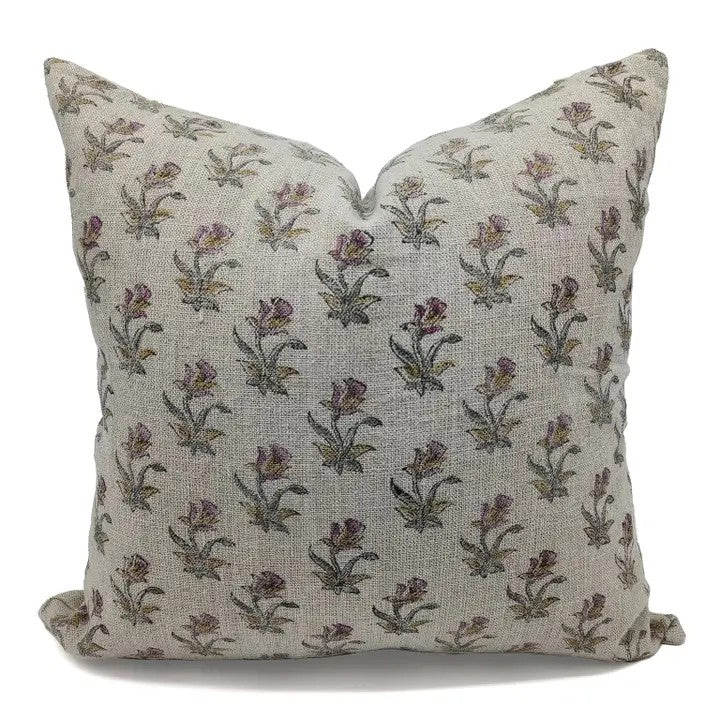 Floral Block Print Thick Linen Cushion Cover -Coastal Tulip