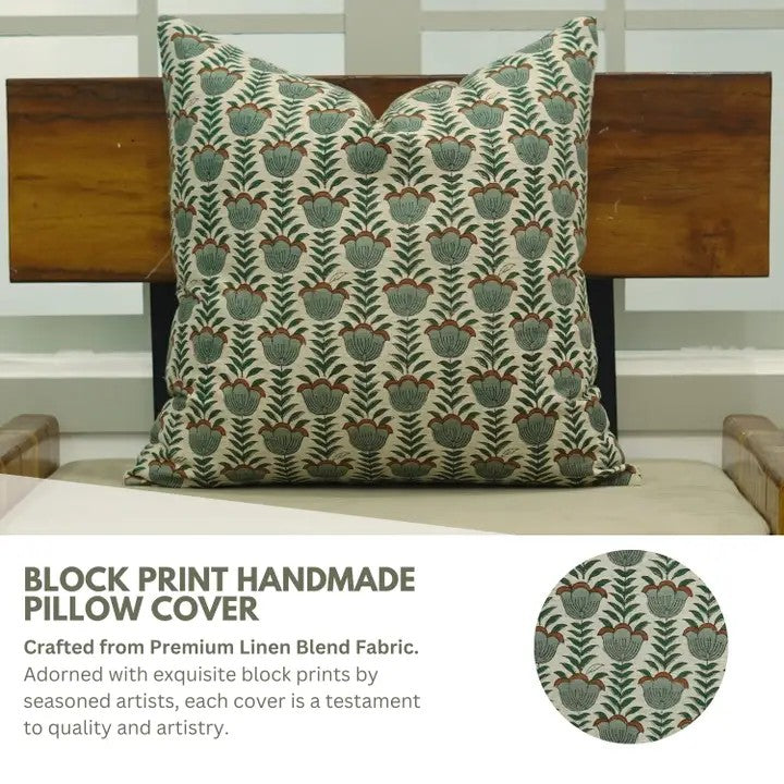 Decorative Block Print Linen Blend Pillow Cover - Lotus