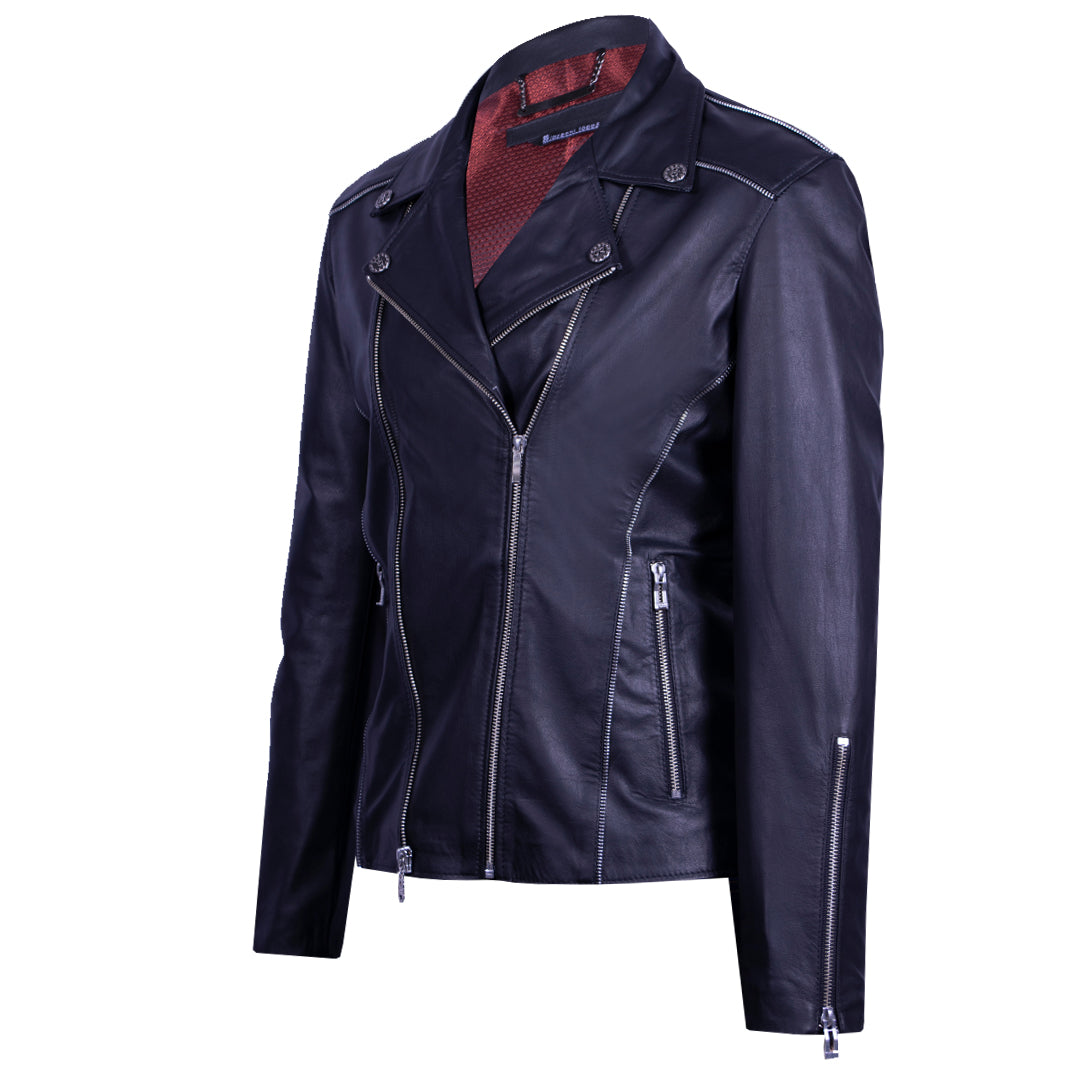 Black Biker-Style Leather Jacket with Bold Zipper Accents