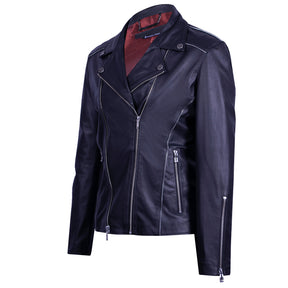 Black Biker-Style Leather Jacket with Bold Zipper Accents