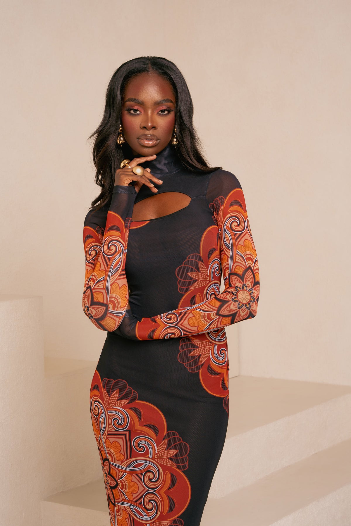 ENANG ORANGE LONG SLEEVE MAXI MESH DRESS
