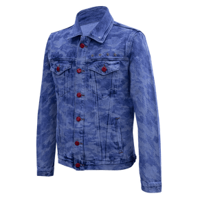 Classic camo denim jacket with red buttons