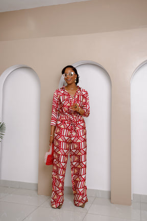 Onwenwem Silk Jumpsuit – Bold Red & White Geometric Print