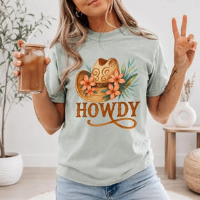Floral Howdy Cowboy Hat Graphic T-Shirt | Sage Green Floral Western Cotton Tee