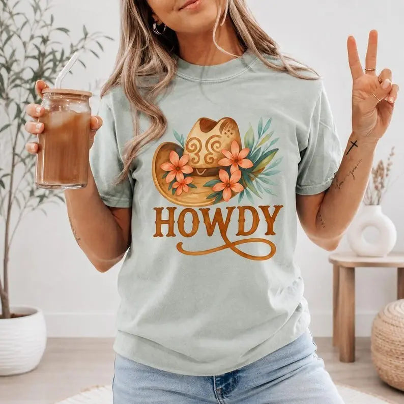 Floral Howdy Cowboy Hat Graphic T-Shirt | Sage Green Floral Western Cotton Tee