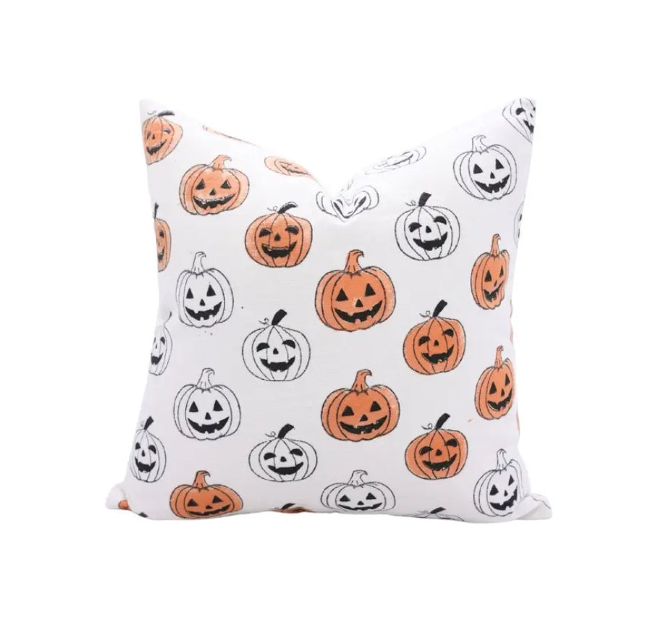 Decorative Handmade Block Printed Thick Cotton White Pillow Cover - Pumpkin