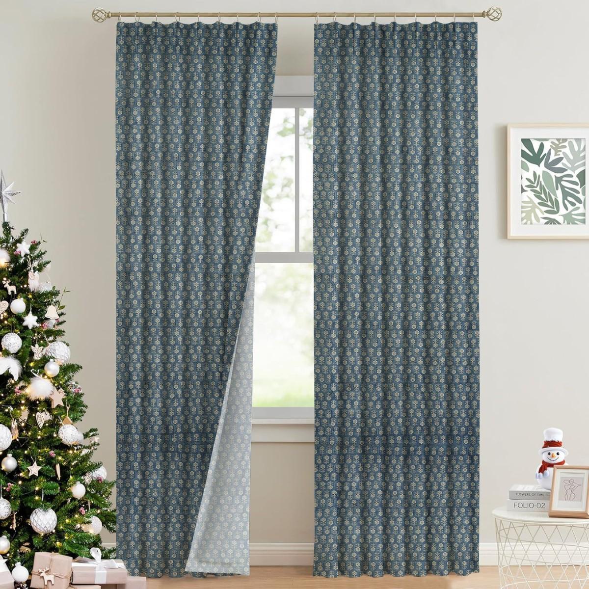 Handcrafted Block Printed Thick Linen Pleated Curtain - Tulsi Buti