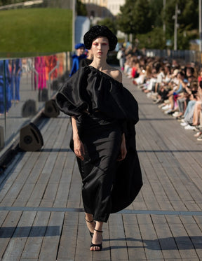 2- piece Kese black cape high low with long pencil skirt