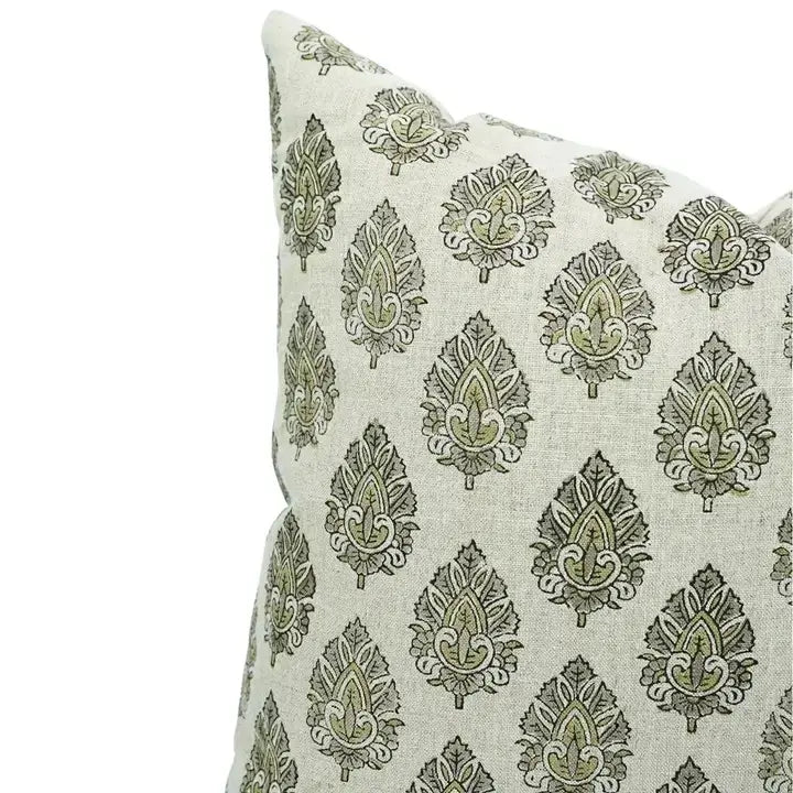 Decorative Hand-Carved Block Printed Boho Pure Linen Pillow Cover- Betal Leaf