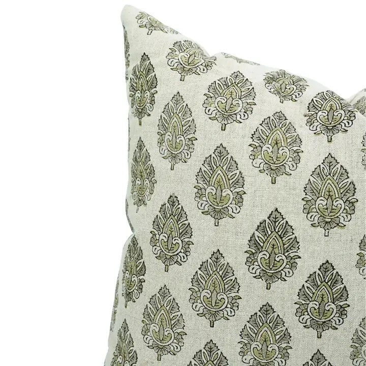 Decorative Hand-Carved Block Printed Boho Pure Linen Pillow Cover- Betal Leaf