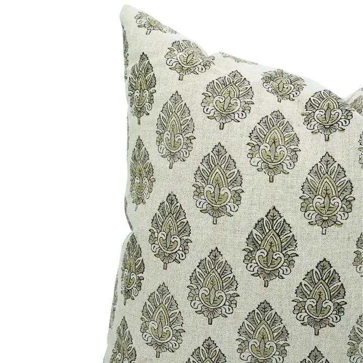 Decorative Hand-Carved Block Printed Boho Pure Linen Pillow Cover- Betal Leaf
