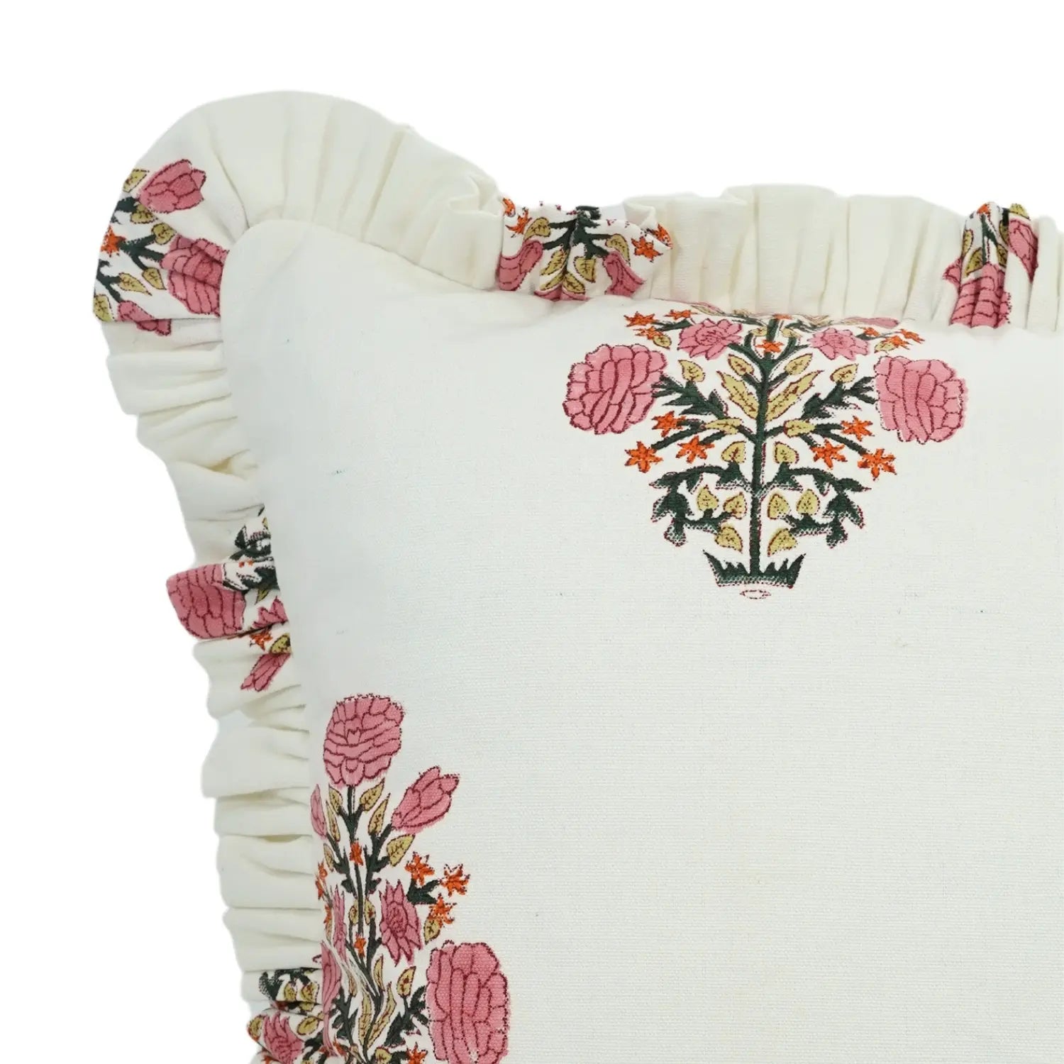 Bohemian Block Print Thick Cotton White Frill Pillow Cover - Swadesh