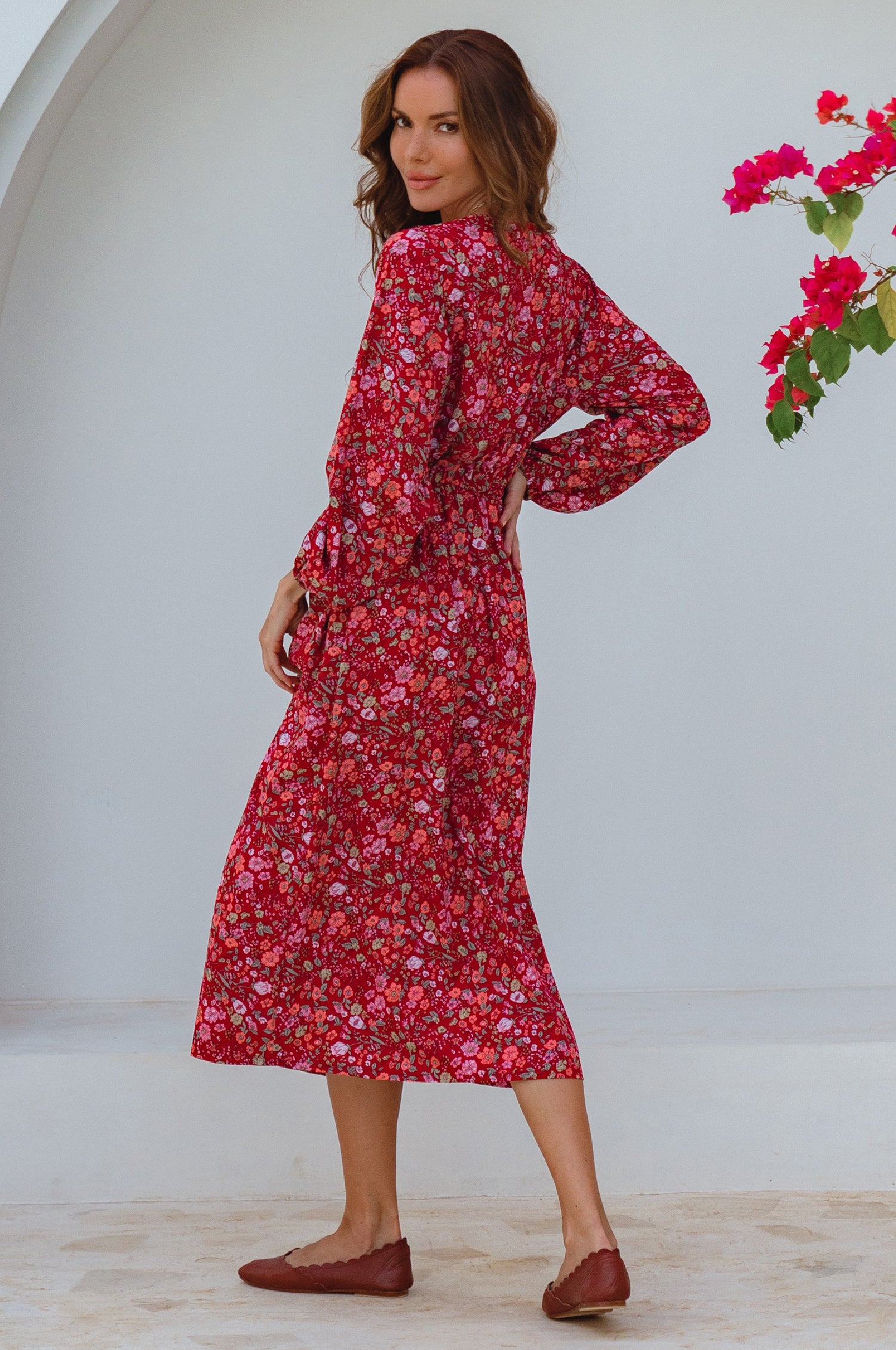 Greta Long Sleeve Midi Dress - Ruby Wildflower