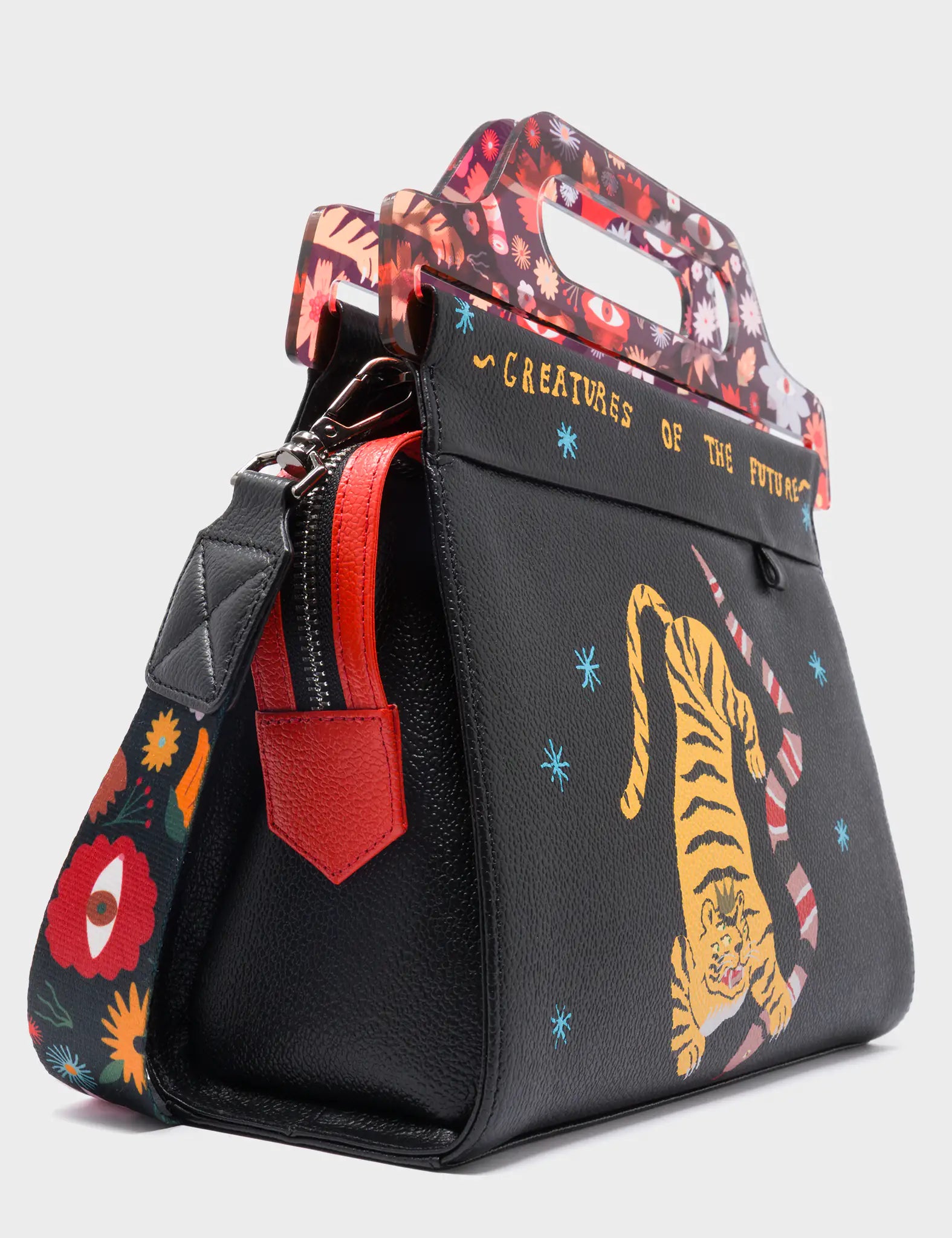 Vali Leather Crossbody Handbag Plastic Handle - Tiger And Snake Print