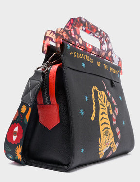 Vali Leather Crossbody Handbag Plastic Handle - Tiger And Snake Print