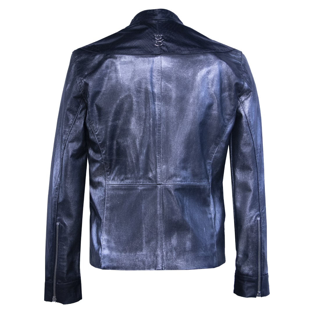 Black leather jacket with textured cut and silver paint details