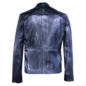 Black leather jacket with textured cut and silver paint details