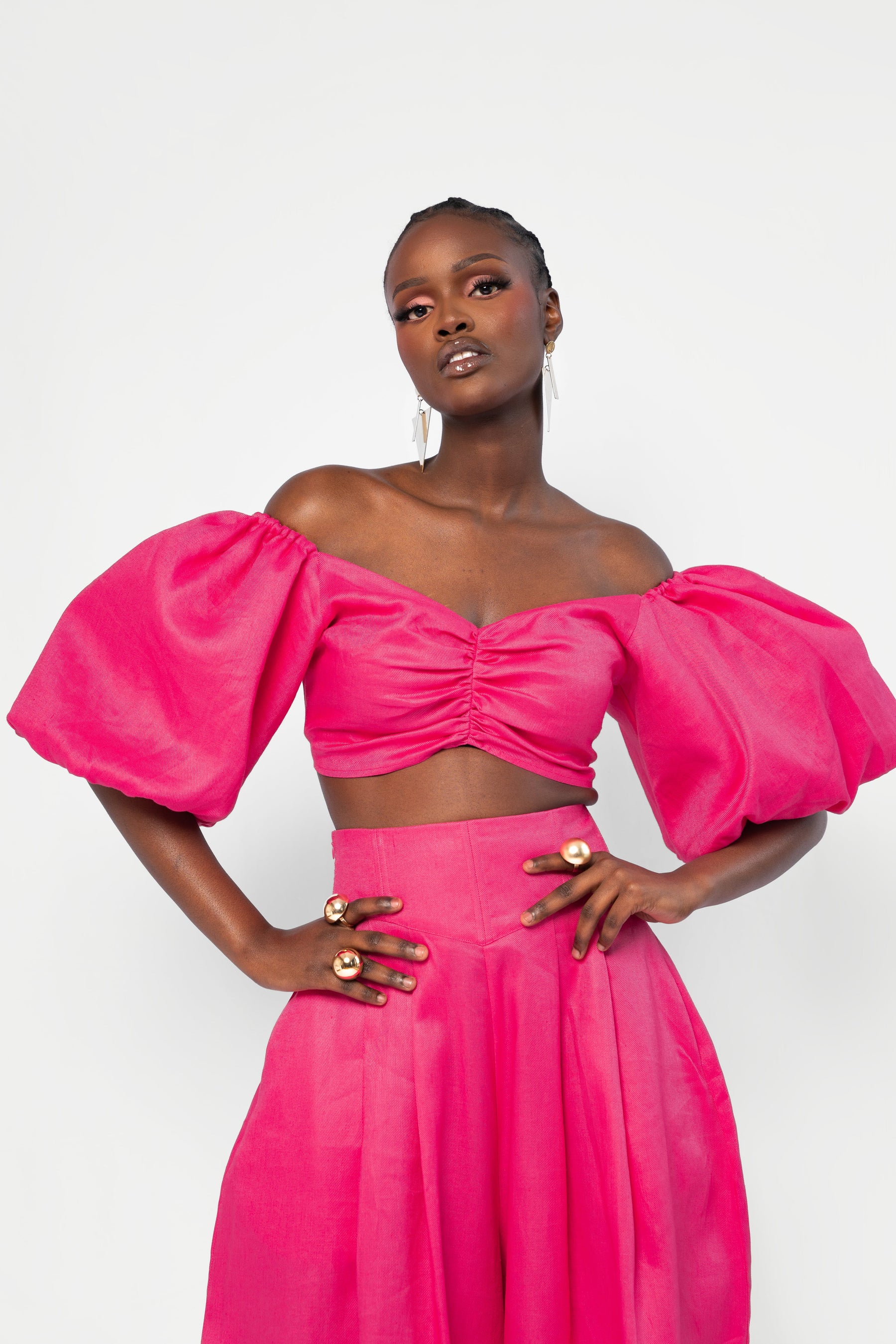 Linen SKYE Puffy Sleeve Crop Top in Pink