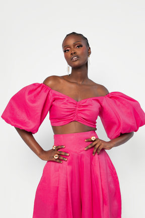 Linen SKYE Puffy Sleeve Crop Top in Pink