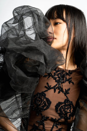 Black Rose Embroidered Tulle Statement Gown