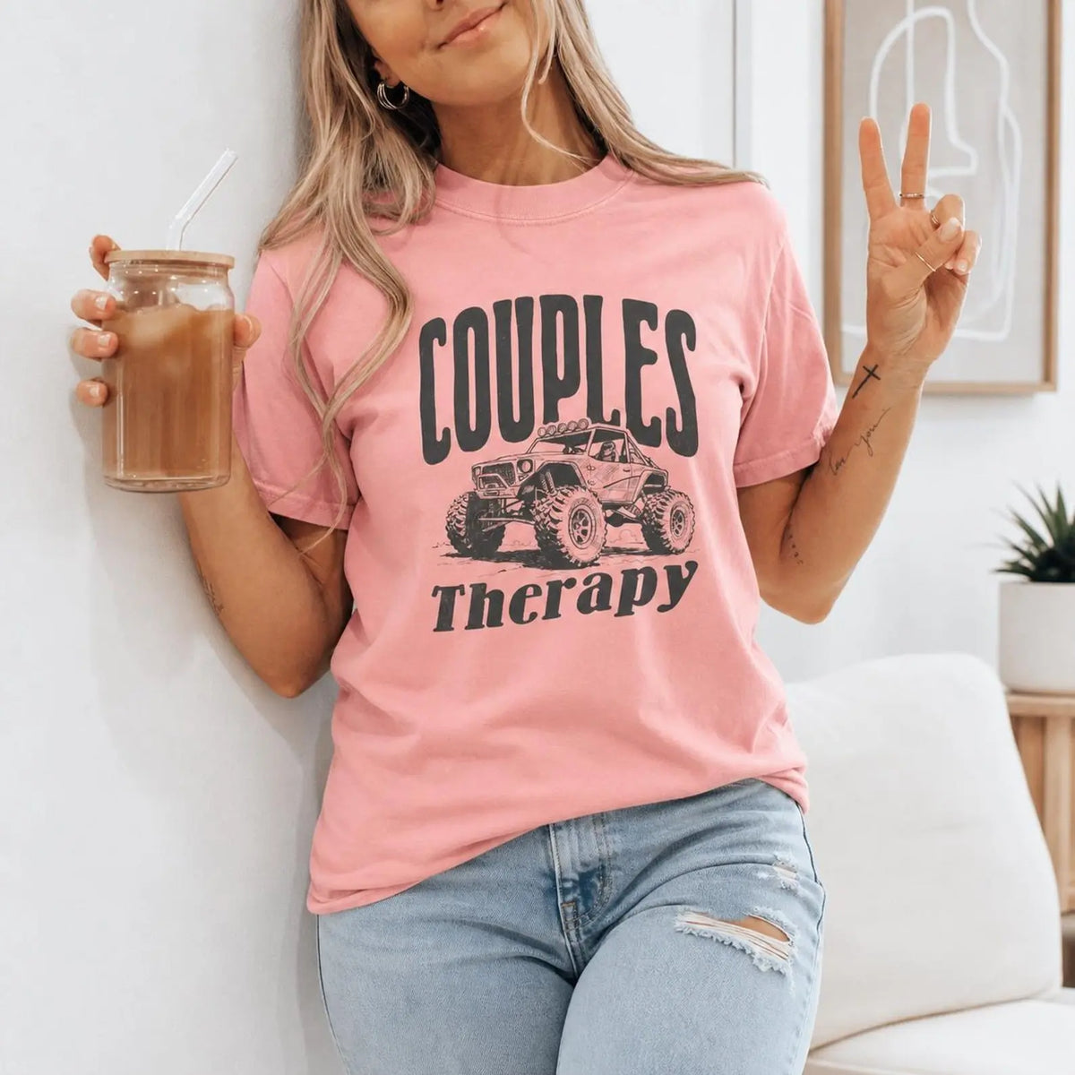 Couples Therapy Off-Road Graphic T-Shirt | Funny Off-Roading Bubblegum Pink Cotton Tee