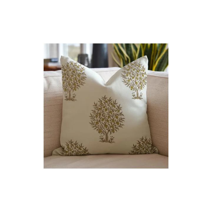 Floral Handmade Block Printed Thick Cotton White Pillow Cover - Anar