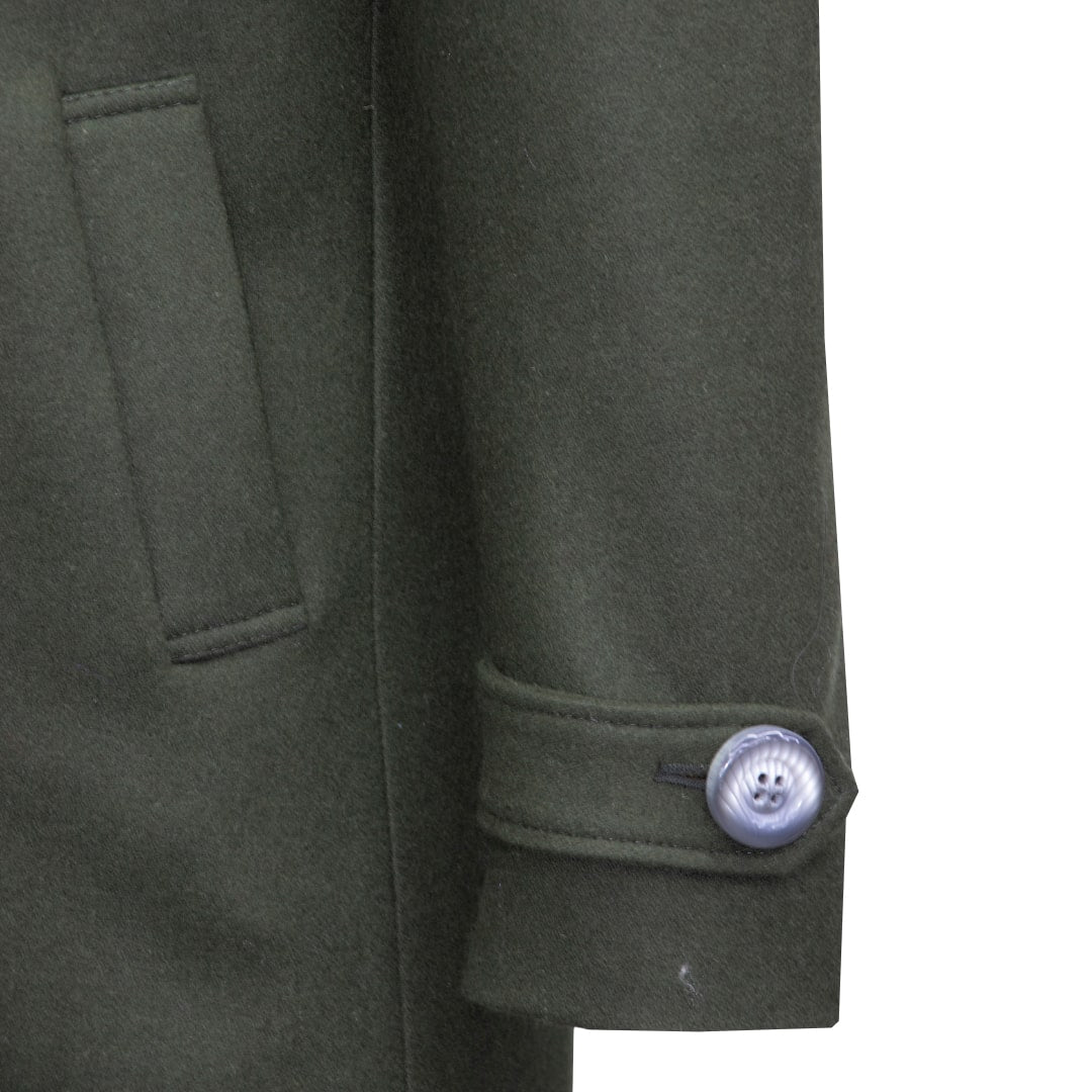 Military green double-breasted coat.