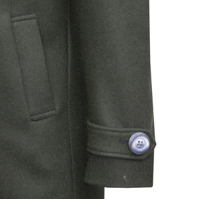 Military green double-breasted coat.