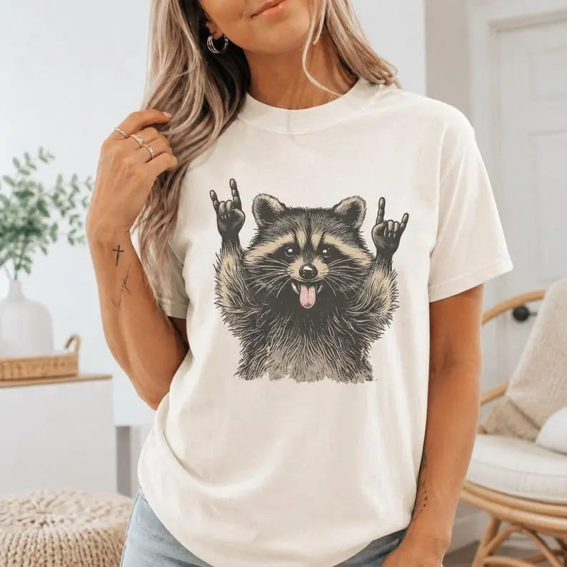 Rock On Raccoon Graphic T-Shirt | Ivory Sarcastic Trash Panda Cotton Tee