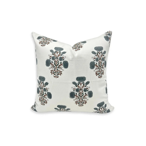 Floral Hand Made Block DesignThick Cotton White Pillow Cover  - Swadesh