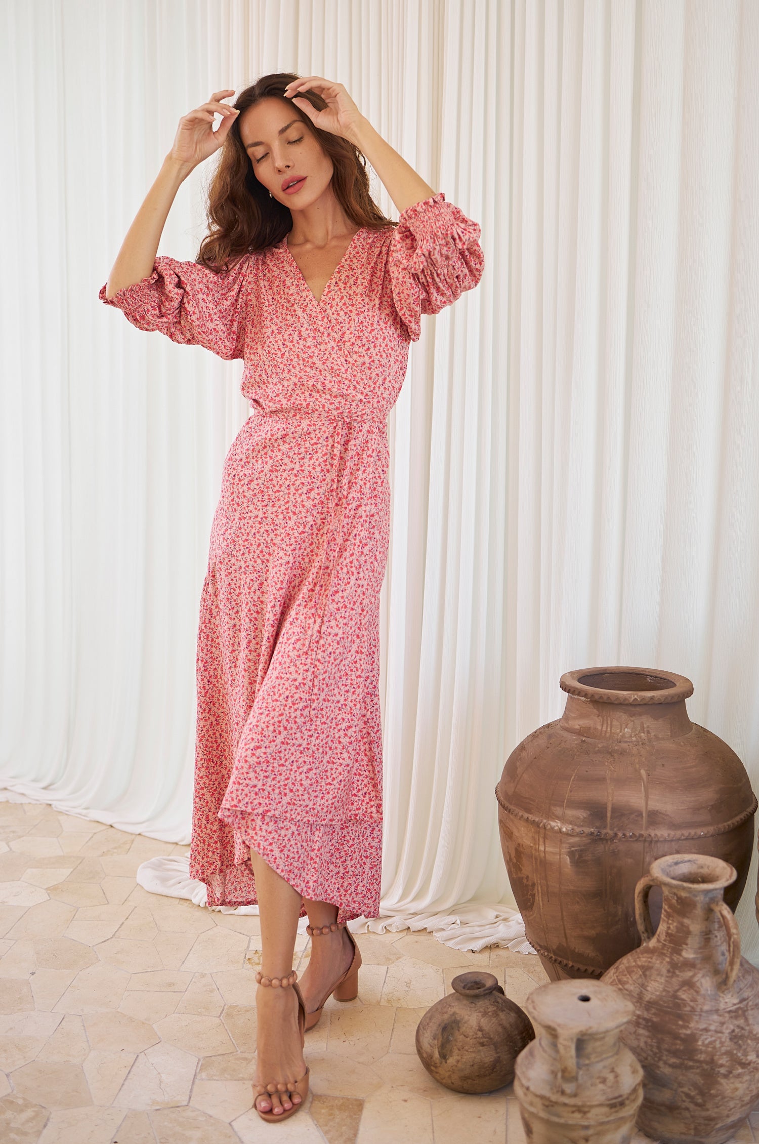 Set Sail Puff Sleeve Wrap Cotton Dress - Rose Fields