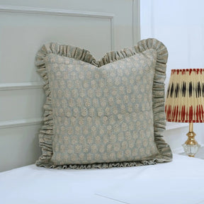 Decorative Block Print Thick Linen Frill Pillow Cover Cushion - Tulsi Buti
