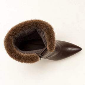 Dark Brown Leather Knee-High Boots with Fur Cuffs