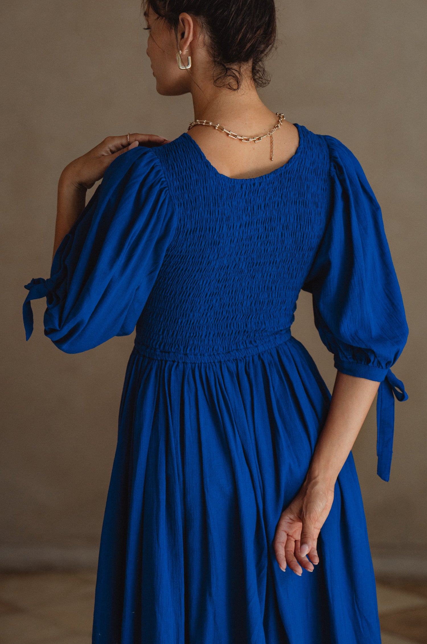 Freya Smocked Linen Midi Dress - Sapphire